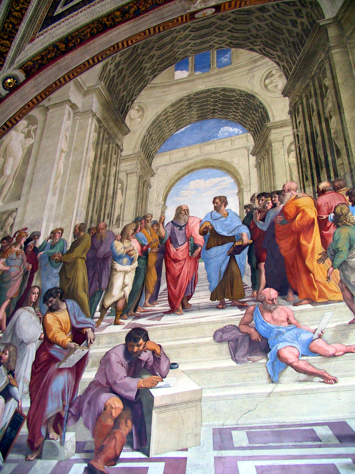 858-1812 - Vatican Museums - Raphael Rooms - School of Athens - Alexander, Leonardo young, Michelangelo, Leonardo Old